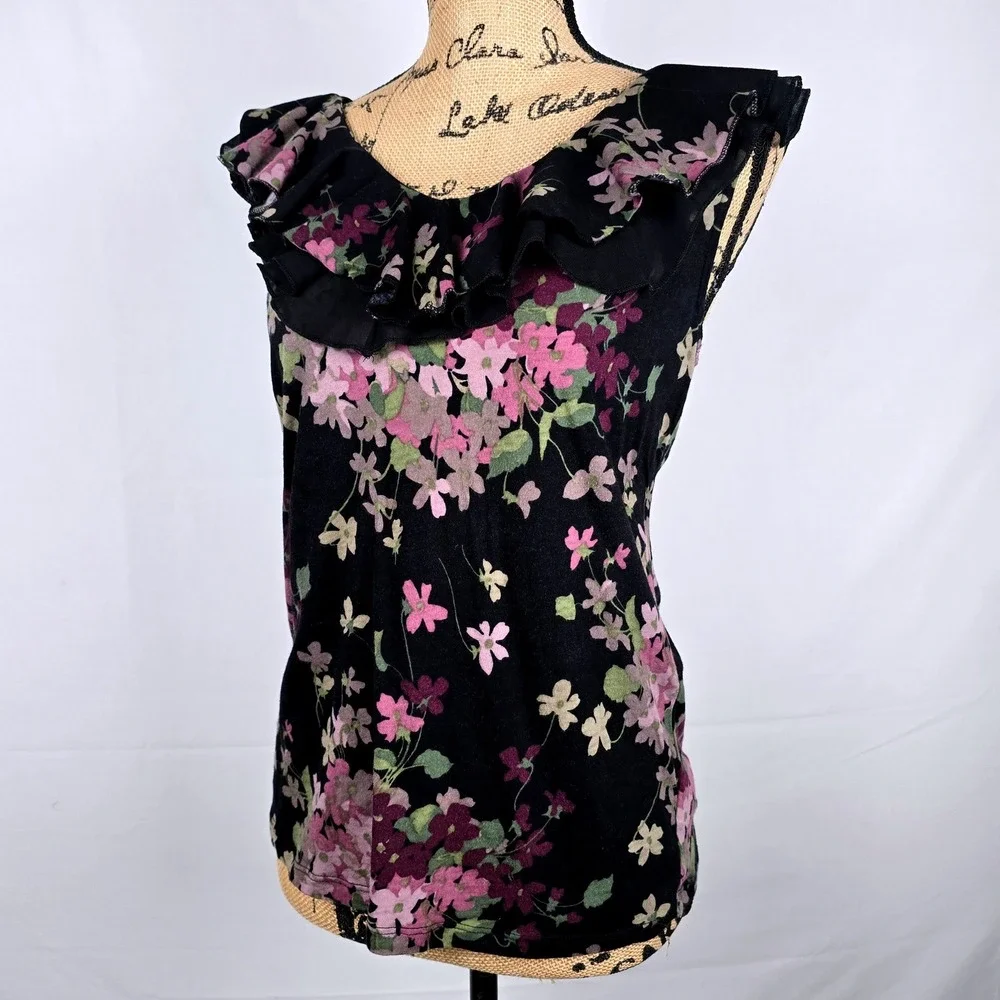 Lauren Ralph Lauren Floral Ruffle‎ V-Neck Sleeveless Top Black Purple Cotton L